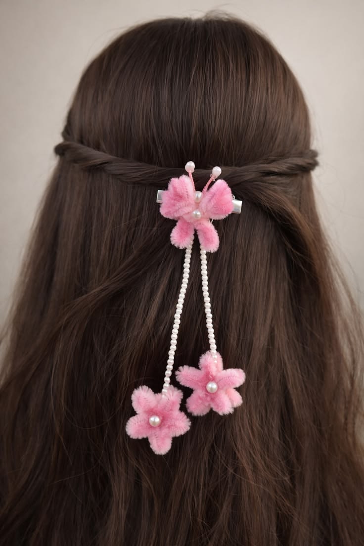 Chenille- Pink Pearl Bow Hair Clip