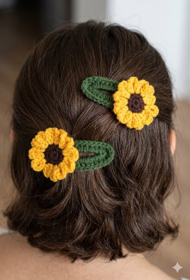 Crochet- Sunflower Hair Clip Pair