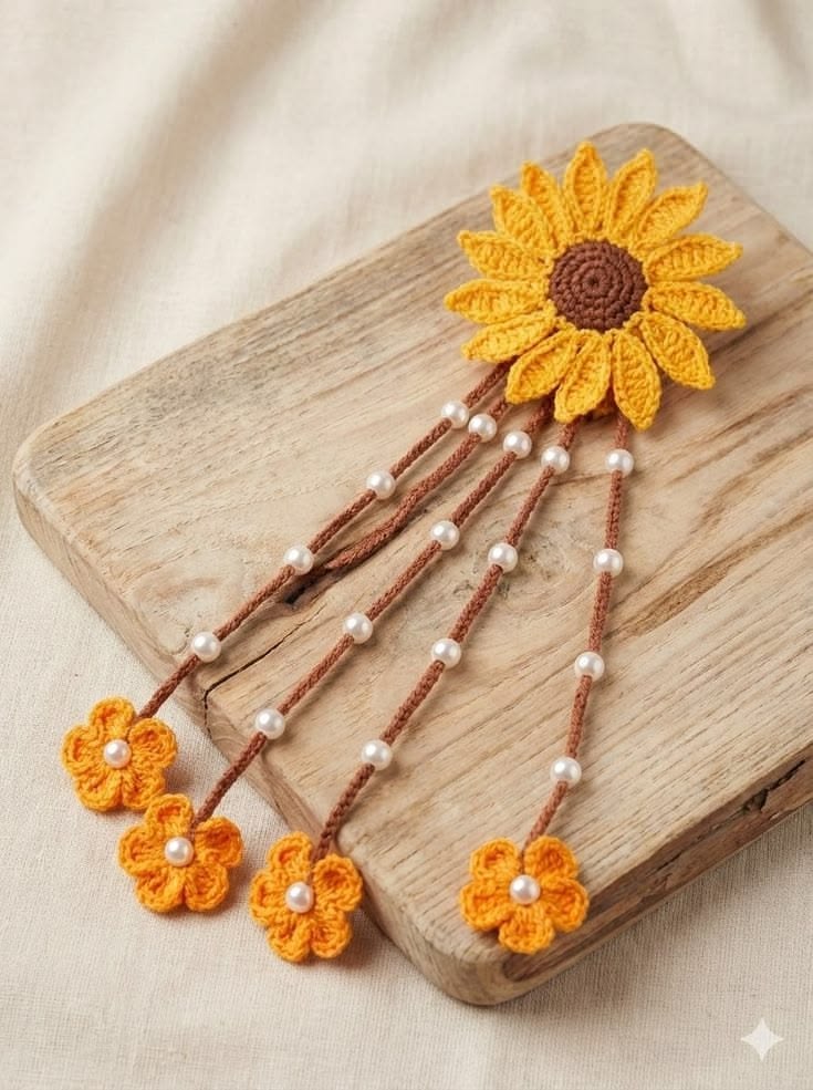 Crochet- Sunflower Pearl Hair Accessory_