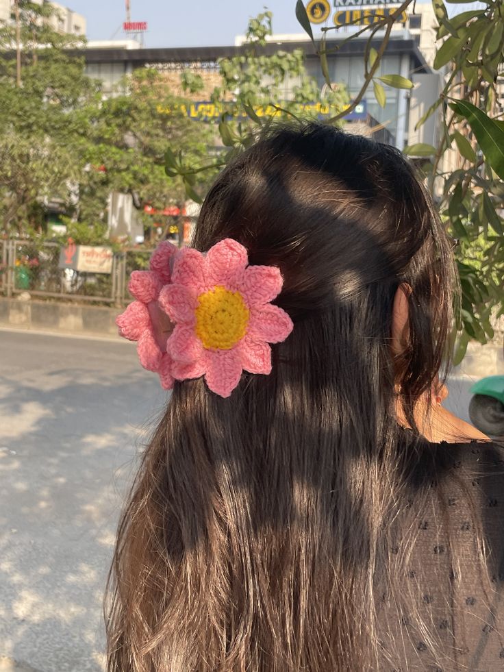 Chenille- Pink Yellow Flower Hair Claw